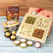 Rich n Delicious - Assorted Dry Fruits 200 gms, Ferrero Rocher 16 pcs with 4 Golden Diyas and Laxmi-Ganesha Coin