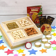 Divine Thali - Artistic Ganesha Thali with Golden Base, Assorted Dry Fruits 200 gms, 2 Bournville with 4 Golden Diyas and Laxmi-Ganesha Coin