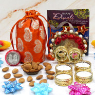 Almonds Thali - Almonds 200 gms in Potli (D), Elegant Ganesh Thali with Flowers & Pearls with 4 Golden Diyas and Laxmi-Ganesha Coin