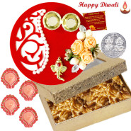Dryfruits Combo Thali - Walnuts 200 gms, Fancy Ganesha Thali with Flowers & Perals with 4 Diyas and Laxmi-Ganesha Coin