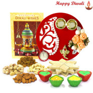Rich Sweet Dry Thali - Fancy Ganesha Thali with Flowers & Perals, Assorted Dry Fruits 200 gms, Kaju Katli 250 gms with 4 Diyas and Laxmi-Ganesha Coin