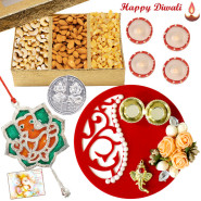 Nuts Puja Thali - Assorted dry fruits 200 gms, Fancy Ganesha Thali with Flowers & Perals, Ganesha Door Hanging with 4 Diyas and Laxmi-Ganesha Coin