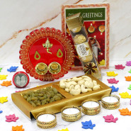 Assorted Thali - Designer Ganesh Thali, Cashew Raisins 200 gms in Box, Ferrero Rocher 4 pcs with 4 Golden Diyas and Laxmi-Ganesha Coin