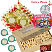 Special Dry Thali - Auspicious Ganesha Thali with Pearls, Cashew Pista 200 gms in Box, 2 Kitkat , 1 Gems with 4 Diyas and Laxmi-Ganesha Coin