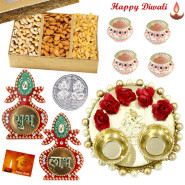 Wonderful Thali - Elegant Ganesh Thali with Flowers & Perals, Assorted Dry Fruits 200 gms Box, Kalash Shubh Labh with 4 Diyas and Laxmi-Ganesha Coin