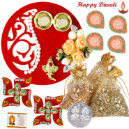 Total Delight - Fancy Ganesha Thali with Flowers & Perals, 3 Dry Fruit Pouches 150 gms, Auspicious Swastika with 4 Diyas and Laxmi-Ganesha Coin