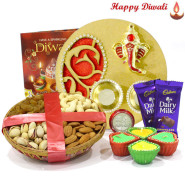 Mix Dry Basket Thali - Artistic Ganesha Thali with Golden Base, Assorted Dry Fruits Basket 200 gms, 2 Dairy Milk Bars with 4 Diyas and Laxmi-Ganesha Coin