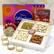 Alluring Thali - Assorted Dry Fruits 200 gms, Elegant Ganesh Thali with Flowers & Pearls, Cadbury Celebrations with 4 Golden Diyas and Laxmi-Ganesha Coin