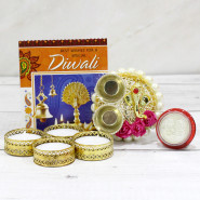 Religious Gift - Divine Ganesha Thali with Perals with 4 Golden Diyas and Laxmi-Ganesha Coin