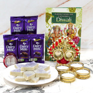 Kaju Sweets Thali - Kaju Katli, 5 Dairy Milk, Auspicious Ganesha Thali with Pearls with 4 Golden Diyas and Laxmi-Ganesha Coin