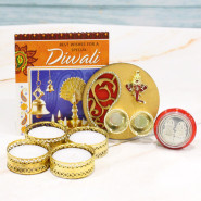 Spiritual Gift - Artistic Ganesha Thali with Golden Base with 4 Golden Diyas and Laxmi-Ganesha Coin