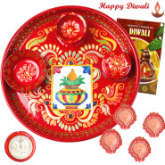 Handicrafted Gift - Meenakari Thali 6 inch with 4 Diyas and Laxmi-Ganesha Coin