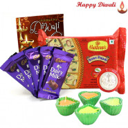 Sweet Fantasy - Haldiram Soan Papdi 250 gms, 5 Dairy Milk Bars with 4 Diyas and Laxmi-Ganesha Coin