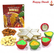 Bundled Happiness - Kaju Katli 250 gms, Cashew Almonds with 4 Diyas and Laxmi-Ganesha Coin