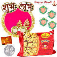Sweet Treat Thali - Haldiram Soan Papdi 250 gms, Stylish Pooja Thali with Golden Border, Diamond Shubh Labh with 4 Diyas and Laxmi-Ganesha Coin
