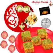 Perfect Sweets Thali - Badam Barfi 250 gms, Fancy Ganesha Thali with Flowers & Perals with 4 Diyas and Laxmi-Ganesha Coin