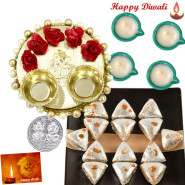 Diwali Mithai Thali - Kaju Pan 250 gms, Elegant Ganesh Thali with Flowers & Perals with 4 Diyas and Laxmi-Ganesha Coin