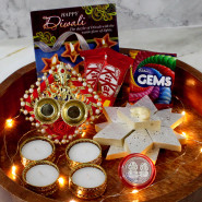 Kaju Nutties Thali - Kaju Katli 250 gms, Auspicious Ganesha Thali with Pearls, 2 Kitkat, 1 Gems with 4 Golden Diyas and Laxmi-Ganesha Coin