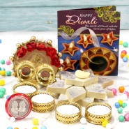 Kaju Sweets Thali - Kaju Katli 250 gms, Elegant Ganesh Thali with Flowers & Pearls with 4 Golden Diyas and Laxmi-Ganesha Coin