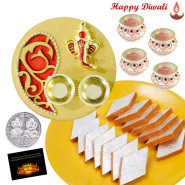 Sweets Delight Thali - Kaju Kesar Katli 250 gms, Artistic Ganesha Thali with Golden Base with 4 Diyas and Laxmi-Ganesha Coin