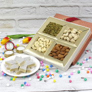 All Time Treat - Kaju Katli 250 gms, Assorted Dry fruits 200 gms with 2 Golden Diyas and Laxmi-Ganesha Coin