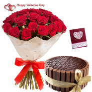 Elegance of Love - 10 Red Roses, Kitkat Chocolate Cake 1/2 Kg & Valentine Greeting Card