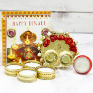 Elegant Ganesh Thali with Flowers & Pearls with 4 Golden Diyas and Laxmi-Ganesha Coin