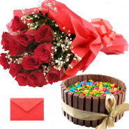 Amazingly Impressive - 10 Red Roses, Kitkat Gems Cake 1/2 Kg and Card