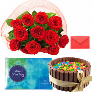 Breathtaking Feast - 12 Red Roses, Kitkat Gems Cake 1/2 Kg, Cadbury Celebrations and Card