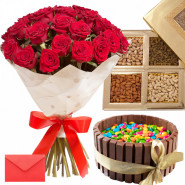 Heavenly Rich - 12 Red Roses, Kitkat Gems Cake 1/2 Kg, Assorted Dryfruits in Box and Card