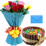 Spectacular and Impressive - 10 Mix Roses, Kitkat Gems Cake 1/2 Kg and Card