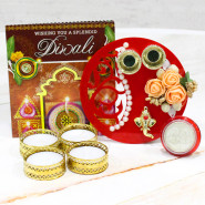 Fancy Ganesha Thali with Flowers & Pearls with 4 Golden Diyas and Laxmi-Ganesha Coin
