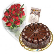 Cake Treat - 15 Red Roses + Chocolate Cake 1kg + Card