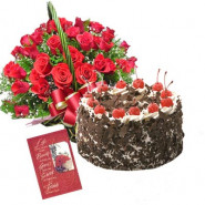 Roses & Black Forest Cake - 15 Red Roses + Black Forest Cake 1kg + Card