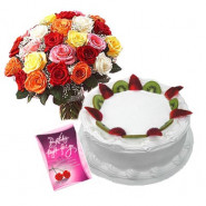 Rose Bunch N Cake - 20 Mix Roses + Vanilla Cake 1 kg + Card