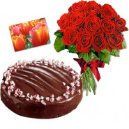 Chocolaty Love - 15 Red Roses + Chocolate Cake 2kg + Card