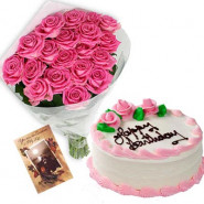 Pink Treat - 15 Pink Roses + Strawberry Cake 1kg + Card