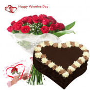 Valentine Sweet Moments - 12 Red Roses + Chocolate Heart Cake 1 kg + Card
