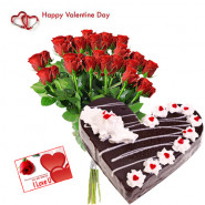 Valentine Lovely Wish - 15 Red Roses + Black Forest Heart Cake 1 kg + Card