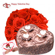Valentine Cake Treat - 15 Red Roses + Chocolate Heart Cake 1 kg + Card