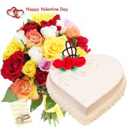 Rose Bunch N Cake - 20 Mix Roses + Vanilla Heart Cake 1 kg + Card
