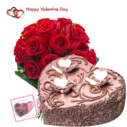 Valentine Chocolaty Love - 15 Red Roses + Chocolate Heart Cake 2 kg + Card