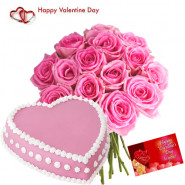 Valentine Pink Treat - 15 Pink Roses + Strawberry Heart Cake 1 kg + Card