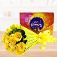 Yellow Love - 12 Yellow Roses Bunch, Cadbury Celebration and Card