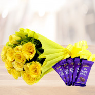 Sweet Yellow - 12 Yellow Roses Bunch, 5 Dairy Milk and Card