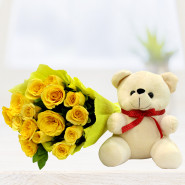 Yellow N Soft - 12 Yellow Roses Bunch, Teddy 6 Inch and Card