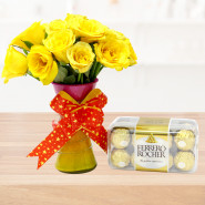 Great Vase - 12 Yellow Roses in Vase, Ferrero Rocher 16 pcs and Card
