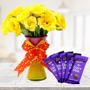 Sweet Yellow Vase - 12 Yellow Roses in Vase, 5 Dairy Milk and Card