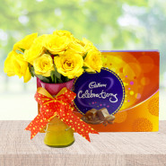 Charming Vase - 12 Yellow Roses in Vase, Cadbury Celebration and Card