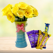 Delightful Vase - 12 Yellow Roses in Vase, 5 Assorted Cadbury Bars and Card